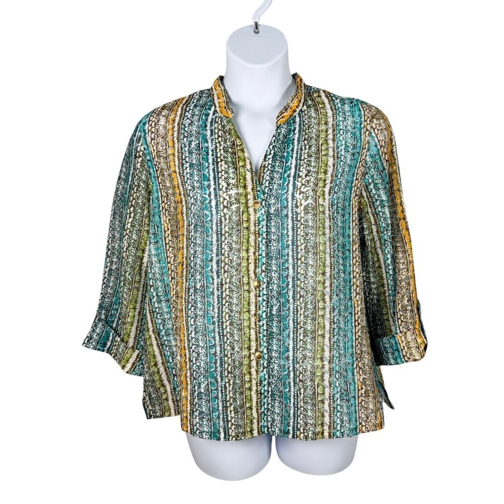 Hearts‎ of Palm Top Womens 16 Turquoise Multicolor Print Sheer Blouse 3/4 Sleeve